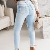 Odziez CandyTM Spodnie Z Dziurami | Spodnie Jeansowe Z Wyzszym Stanem Z Dziurami Jasny Jeans