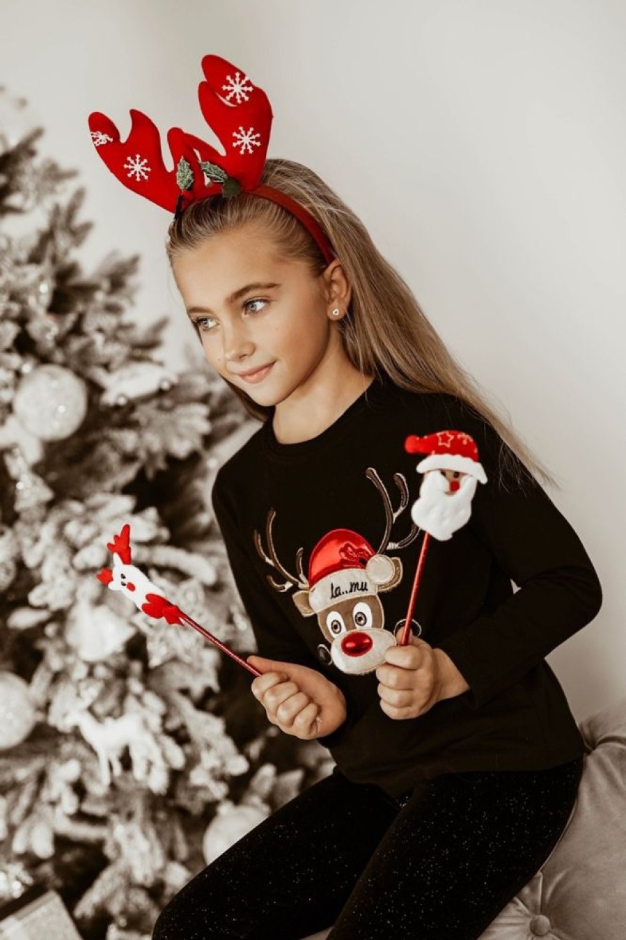 Odziez CandyTM Bluzki Basic | T-Shirt La Mu Rudolf Renifer Czarny Kids