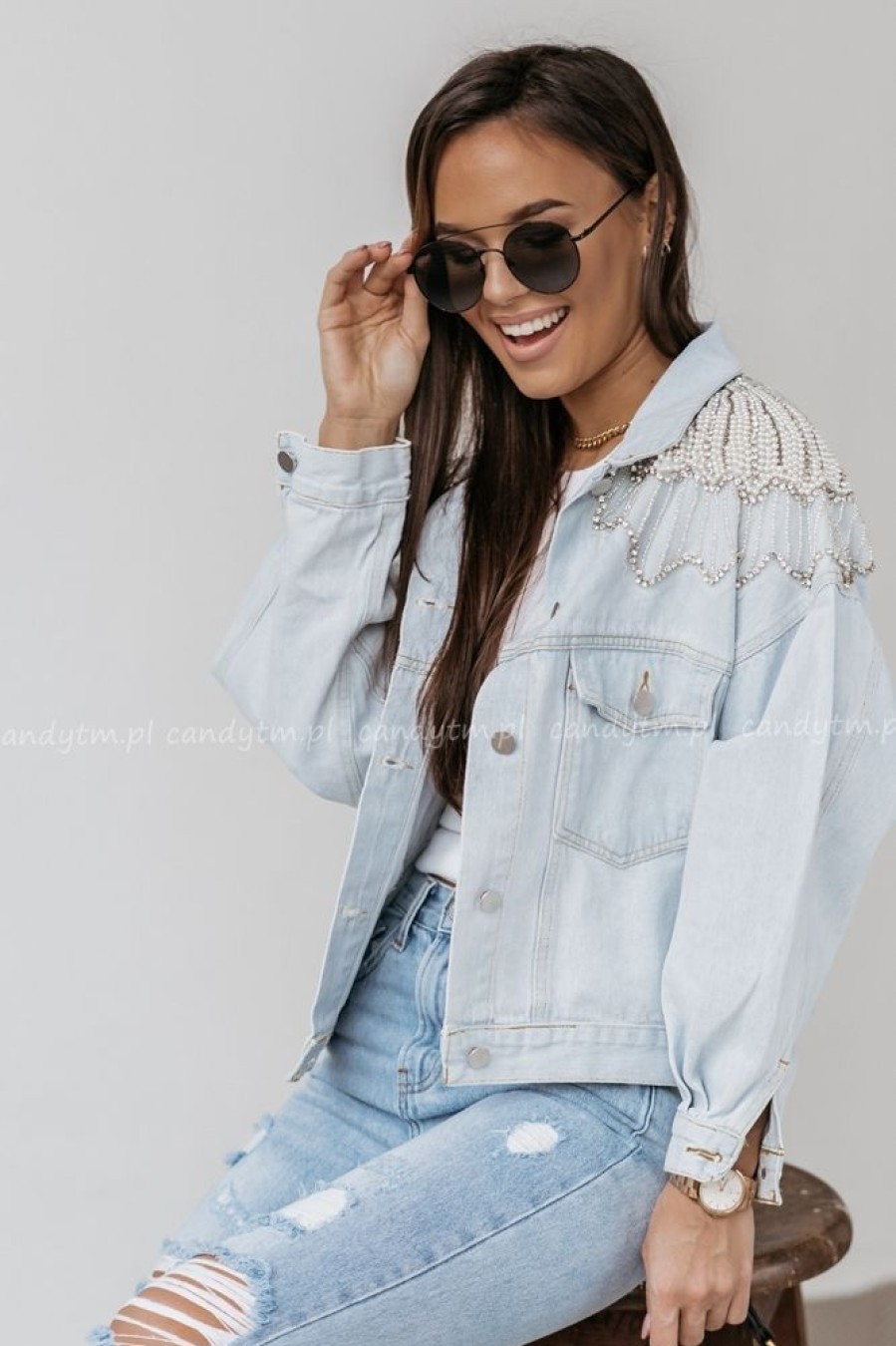 Odziez CandyTM Katany Jeansowe | Katana Oversize Pearls Back Jasny Denim