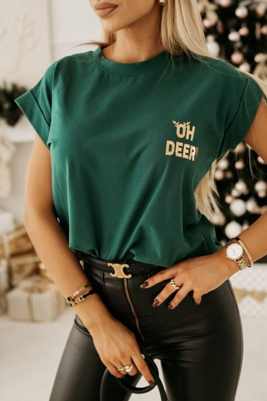 Odziez CandyTM T-Shirty Z Nadrukiem | T-Shirt Bawelniany Ze Zlotym Nadrukiem Oh Deer Zielen Butelkowa