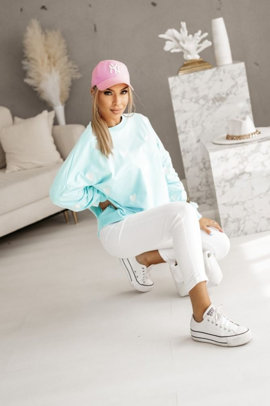 Odziez CandyTM Bluzy Basic | Bluza Dresowa W Haftowane Serduszka Blekitna