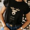 Odziez CandyTM T-Shirty Z Nadrukiem | T-Shirt Bawelniany Ze Zlotym Nadrukiem Rudolph Czarny