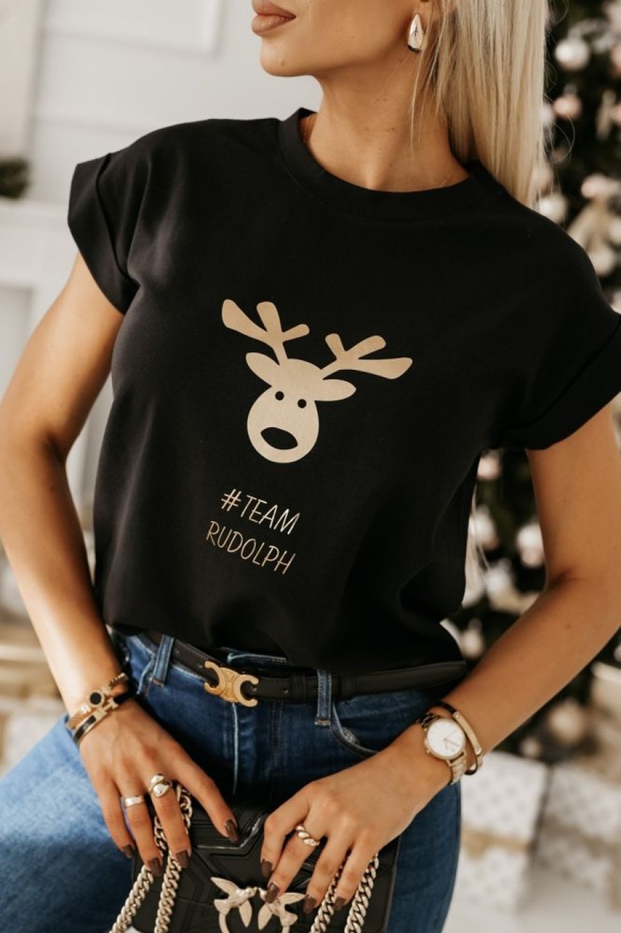 Odziez CandyTM T-Shirty Z Nadrukiem | T-Shirt Bawelniany Ze Zlotym Nadrukiem Rudolph Czarny