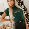 Odziez CandyTM T-Shirty Z Nadrukiem | T-Shirt Bawelniany Ze Zlotym Nadrukiem Christmas Zielen Butelkowa