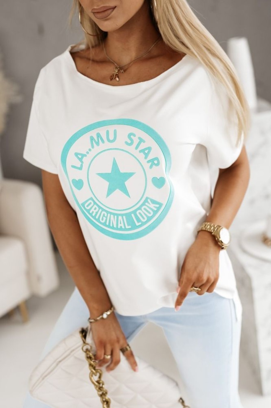 Odziez CandyTM T-Shirty Z Aplikacja | T-Shirt La Mu Star Z Turkusowa Aplikacja Bialy