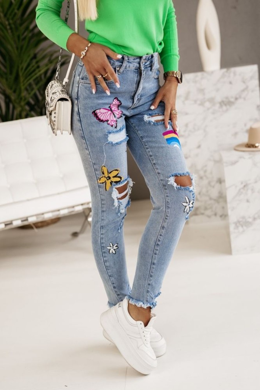 Odziez CandyTM Spodnie We Wzory | Spodnie Jeansowe Z Dziurami Z Motywem Bajkowym Jasny Jeans