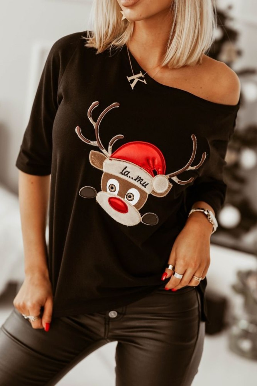 Odziez CandyTM Bluzki Basic | T-Shirt La Mu Rudolf Renifer Czarny