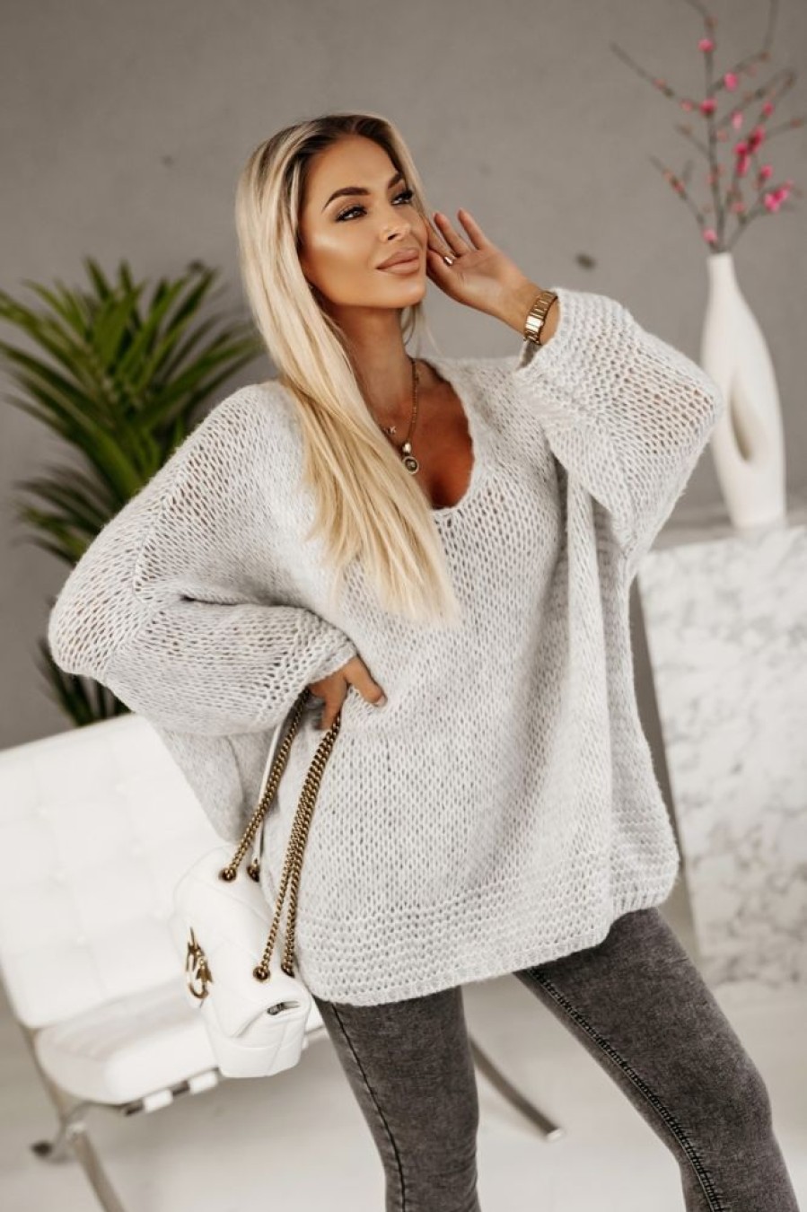 Odziez CandyTM Swetry Dlugie | Sweter Tunika Orion Oversize Z Szerokimi Rekawami Szary