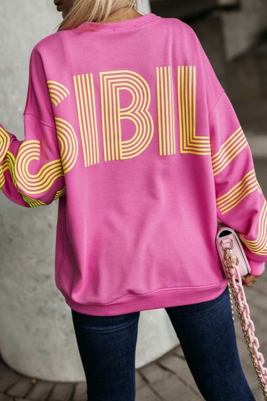 Odziez CandyTM Bluzy Bez Kaptura | Bluza Dresowa Oversize Z Neonowym Napisem Posibility Rozowa