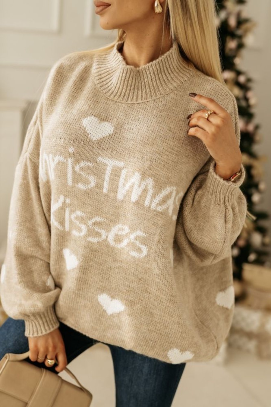 Odziez CandyTM Swetry Oversize | Sweter Christmas Kisses Bezowy