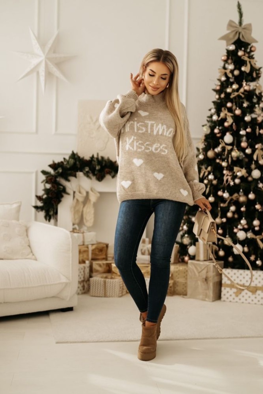 Odziez CandyTM Swetry Oversize | Sweter Christmas Kisses Bezowy