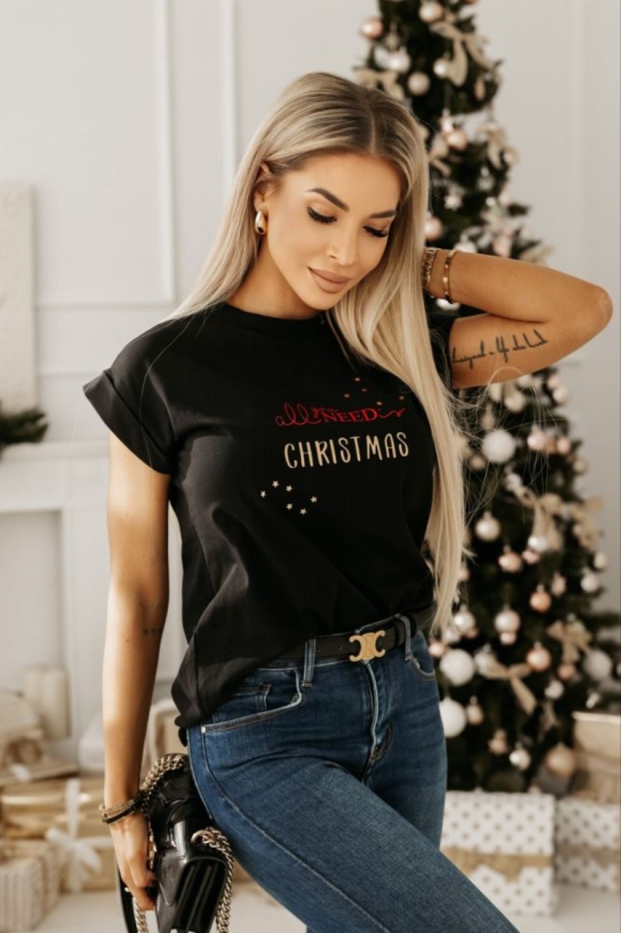 Odziez CandyTM T-Shirty Z Nadrukiem | T-Shirt Bawelniany Ze Zlotym Nadrukiem Christmas Czarny