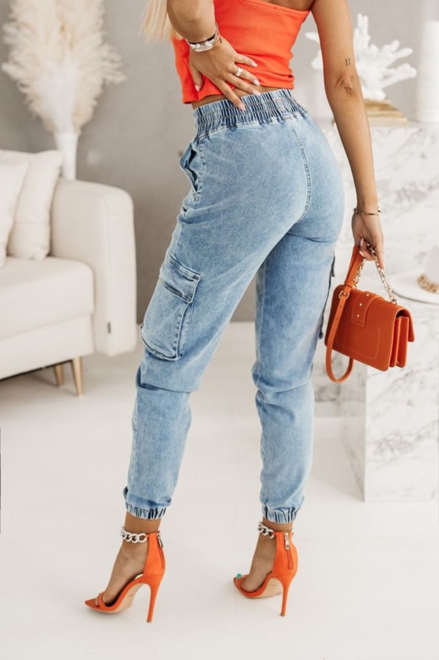 Odziez CandyTM Spodnie Boyfriendy | Spodnie Jeansowe Bojowki Z Guma W Pasie Niebieski Jeans