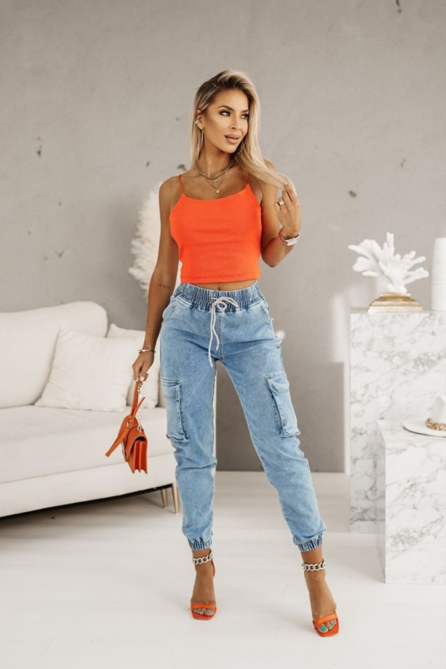 Odziez CandyTM Spodnie Boyfriendy | Spodnie Jeansowe Bojowki Z Guma W Pasie Niebieski Jeans