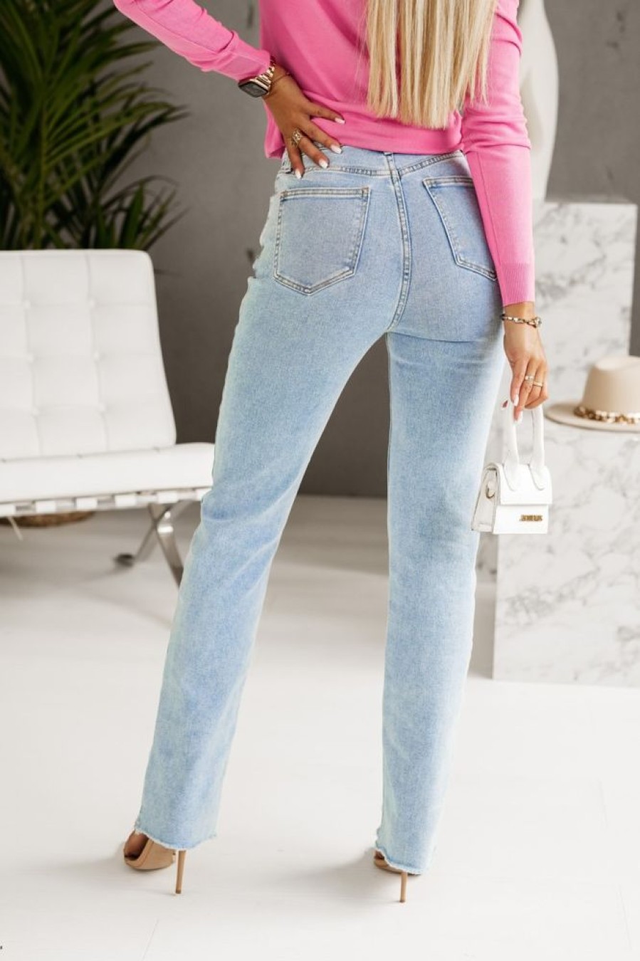 Odziez CandyTM Spodnie We Wzory | Spodnie Jeansowe Straight Leg Z Haftowanymi Serduszkami Jasny Jeans