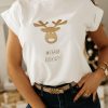 Odziez CandyTM T-Shirty Z Nadrukiem | T-Shirt Bawelniany Ze Zlotym Nadrukiem Rudolph Bialy