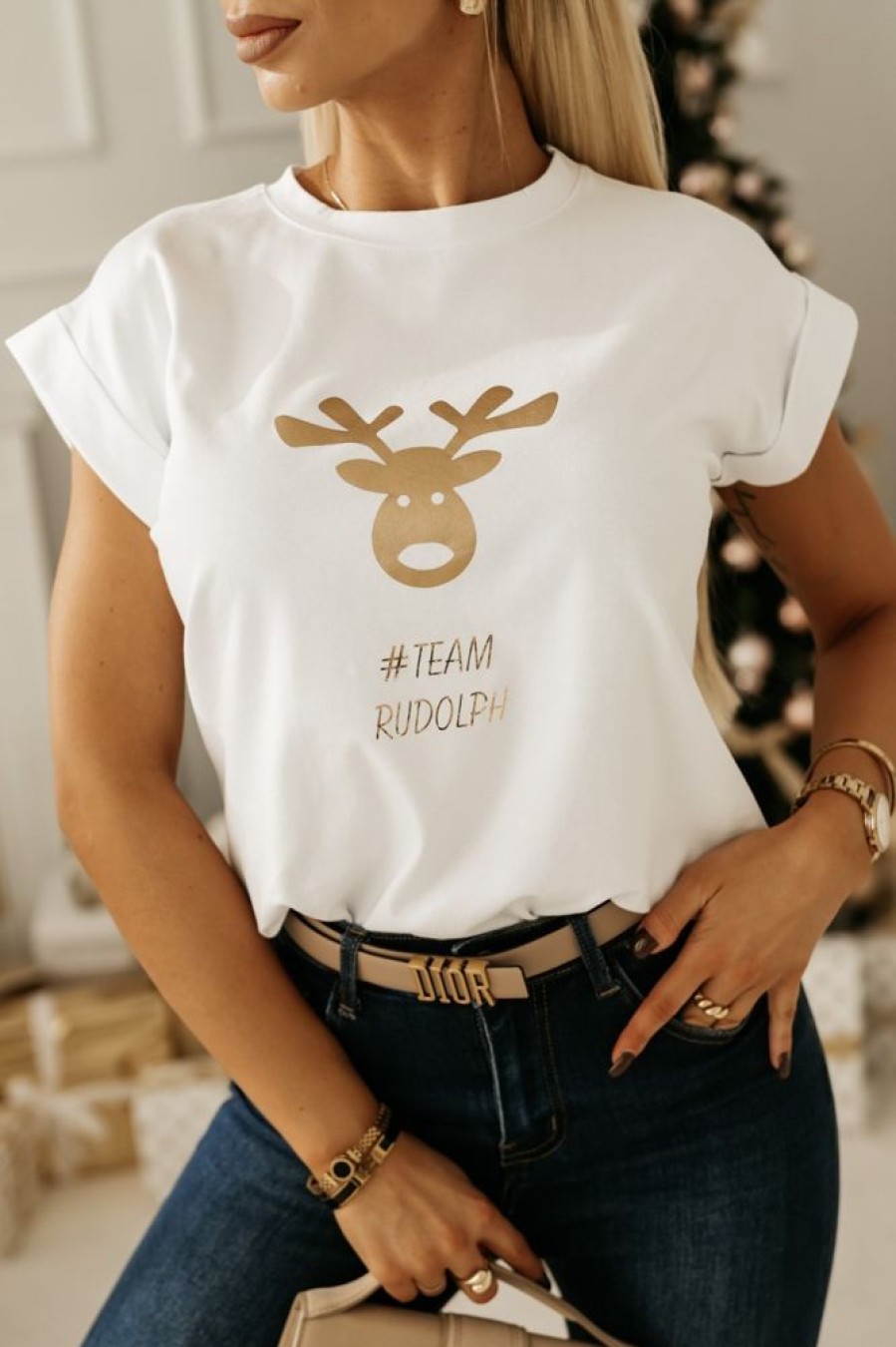 Odziez CandyTM T-Shirty Z Nadrukiem | T-Shirt Bawelniany Ze Zlotym Nadrukiem Rudolph Bialy