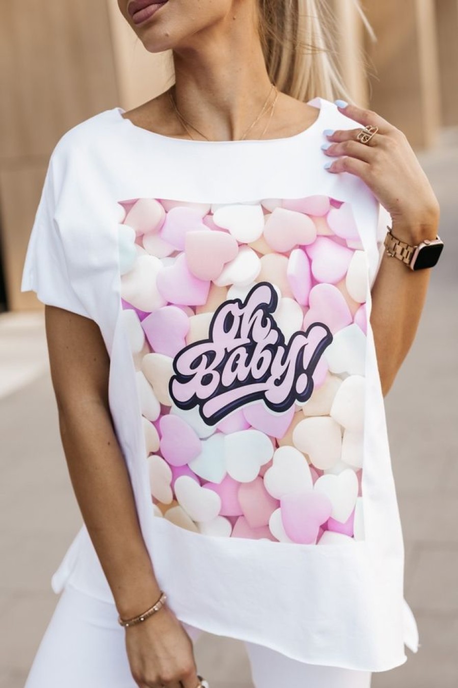 Odziez CandyTM T-Shirty Z Nadrukiem | T-Shirt Tunika Square Oh Baby Bialy